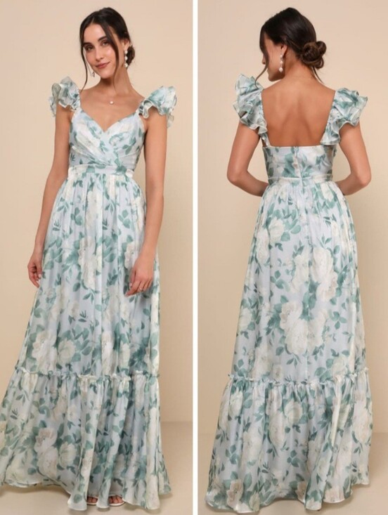 Lulus Dresses & Skirts - Lulu's Mint Floral Ruffle-Sleeve Maxi Dress. Wedding/Party Dress NWT Sz XL